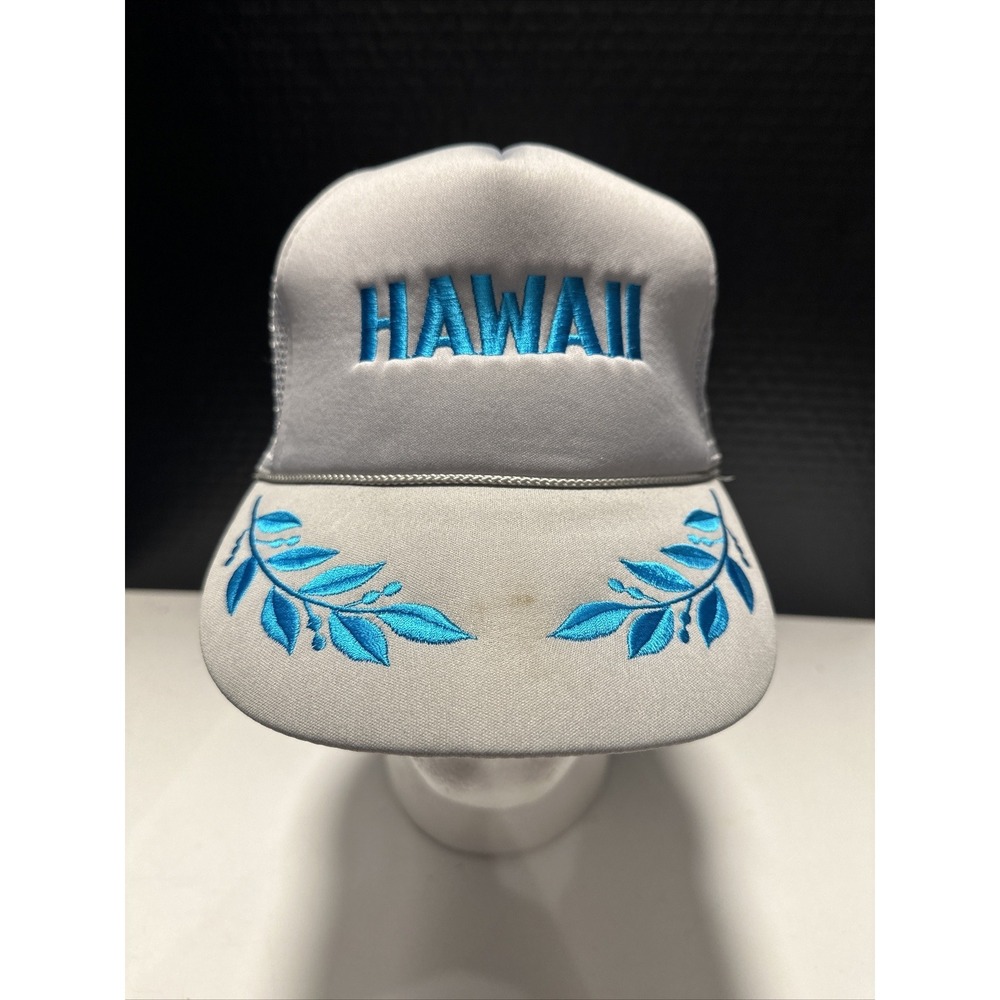 Vintage Hawaii Blue Leaf Souvenir Trucker Mesh Snapback Hat Cap